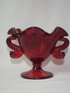 Fenton Ruby Red Glass Compote with Double Dolphin Handles